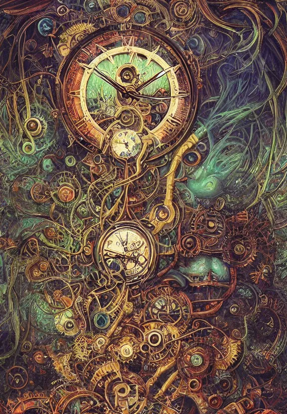 Image similar to simplicity, elegant, muscular eldritch clockwork, machinery, industry, radiating, colorful mandala, psychedelic, overgrown garden environment, by ryan stegman and hr giger and esao andrews and maria sibylla merian eugene delacroix, gustave dore, thomas moran, pop art, street art, graffiti, saturated