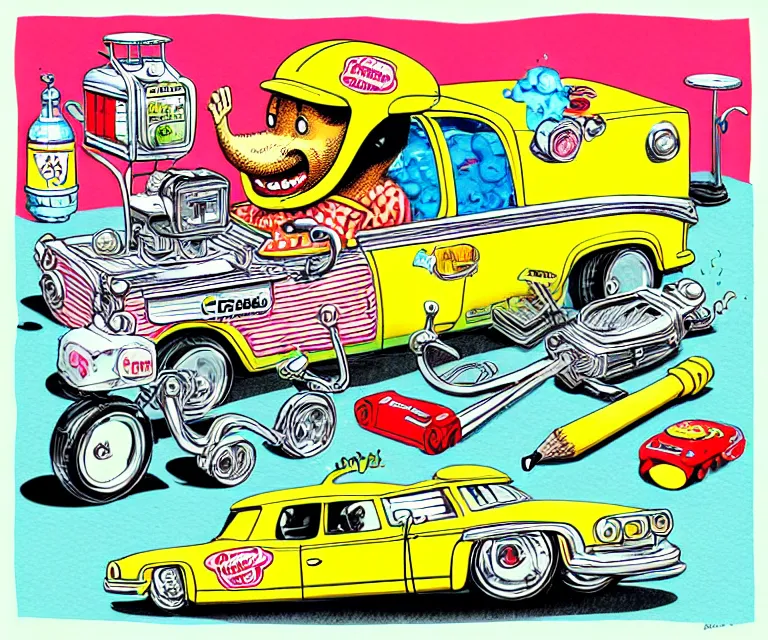 Prompt: cute and funny, hamburgerhelper glove, wearing a helmet, driving a hotrod, oversized enginee, ratfink style by ed roth, roth's drag nut fuel, centered award winning watercolor pen illustration, isometric illustration by chihiro iwasaki, the artwork of r. crumb and his cheap suit, cult - classic - comic,