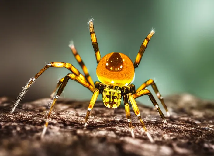 Image similar to super macro of a translucent crystal spider in the forest. Fantasy magic style. Highly detailed 8k. Intricate. Nikon d850 300mm. Award winning photography.