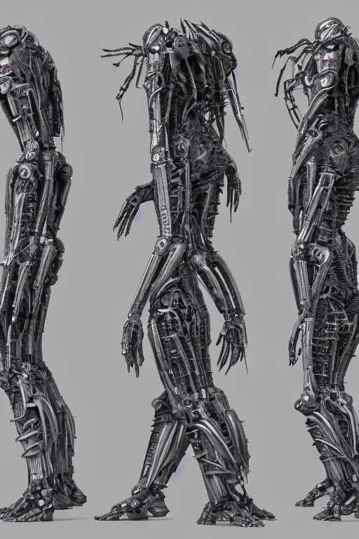 Image similar to a female transformer with gunmetal grey skin, medical anatomy, very symmetrical face, highly detailed, three - perspective / three - view reference sheet ( front / back / side ), in the style of vitaly bulgarov, steven jung, matt tkocz, amanda lilleston, hr giger, mecha, artstation, unreal engine