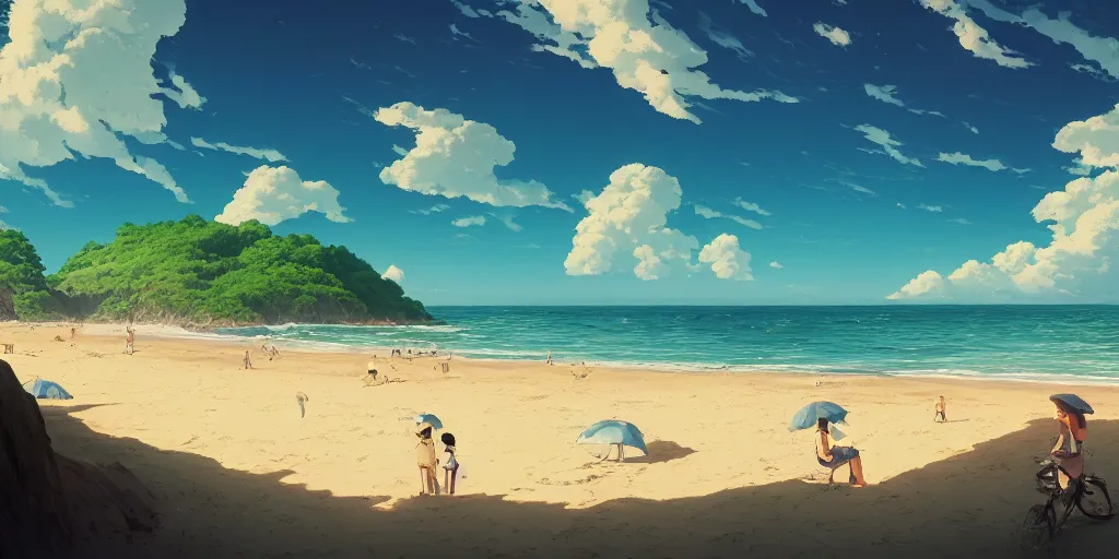 Prompt: A highly detailed matte oil painting of a beach, Studio Ghibli, Mokoto Shinkai, hyperrealistic, cinematic, breathtaking, beautiful composition, Artgerm, Dan Mumford, rossdraws, James Jean, beeple, volumetric lighting, octane render, 4K resolution, trending on artstation