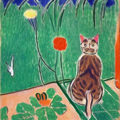 Prompt: an 1899 painting by Henri Matisse of a cat sniffing a flower, while a butterfly flies overhead