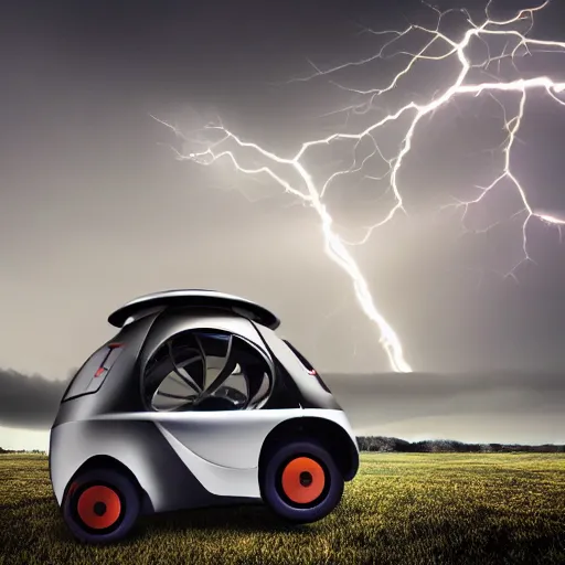 Image similar to futuristic flying car in surrounded by a circle made of lightning, in the sky, thunderstorm at night, 28mm dramatic photo