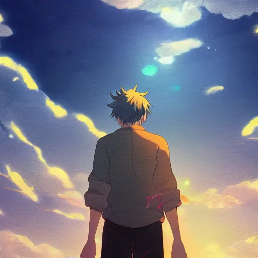 Prompt: a beautiful ultradetailed anime illustration of a man standing on a dock, staring wistfully at the city, up to bottom is clouds，sea，railway，by makoto shinkai，anime wallpaper 4k，prismatic