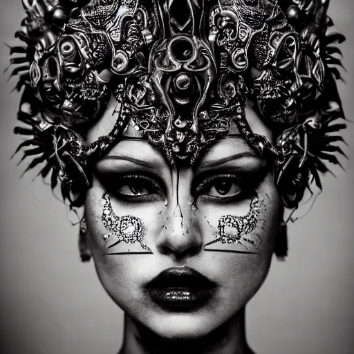 Prompt: a female model by chacarcter creator, photorealistic, biomechanical, intricate details, hyper realistic, ornate headpiece, dark beauty, photorealistic, canon r 3, photography, wide shot, photography, dark beauty ornate headpiece, dark beauty, photorealistic, canon r 3, photography, wide shot, photography, dark beauty, symmetrical features