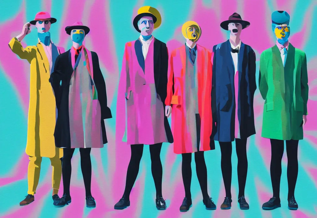 Image similar to full body portrait of a trio of young fashionable european tourists long pattern coat travel apparel, with nikon cameras, sightseeing various poses shooting photos, character designs painting, in the style of wes anderson, rene magritte, lola dupre, david hockney, isolated on white background, dark monochrome neon spraypaint accents volumetric octane render