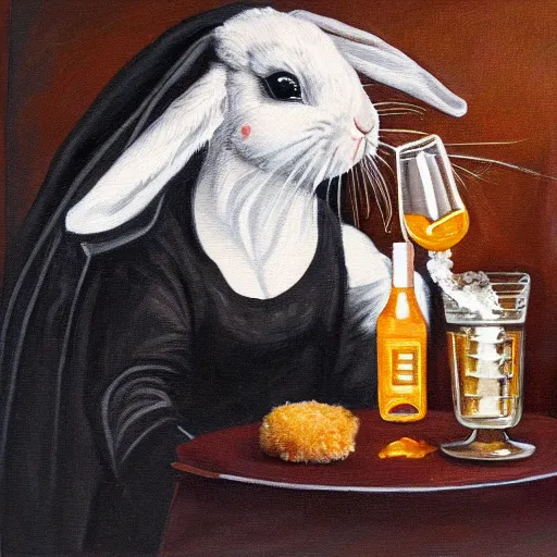 Image similar to a painting of a rabbit drinking tequila and eating croquette in gothic style