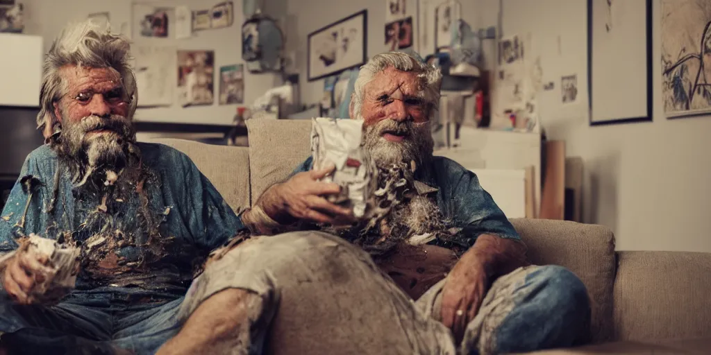 Prompt: old man with a beard and messy hair, sitting on the couch, watching tv . around crashed pop cans and empty pizza boxes. messy apartment. photorealistic, artstation trending. high details. 8k