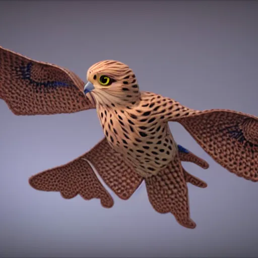 Prompt: video kestrel, crochet, hyperrealistic, realstic lighting, dynamic reflections