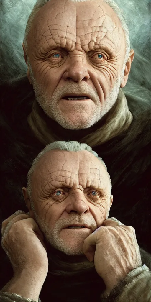 Image similar to anthony hopkins, a blind king, dungeons and dragons, fame of thrones masterpiece by edgar maxence and ross tran and michael whelan, gustav dore, 8 k, octane render