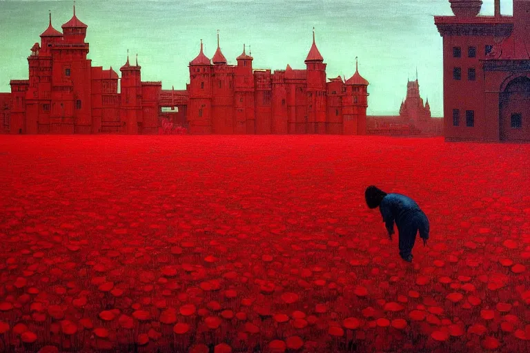 Image similar to only with red, red flowers of different types, red castle in background, red medieval big fat goblins, in the style of beksinski, parts by edward hopper, parts by rodcenko, parts by yue minjun, intricate and epic composition, red by caravaggio, insanely quality, highly detailed, masterpiece, red light, artstation, 4 k