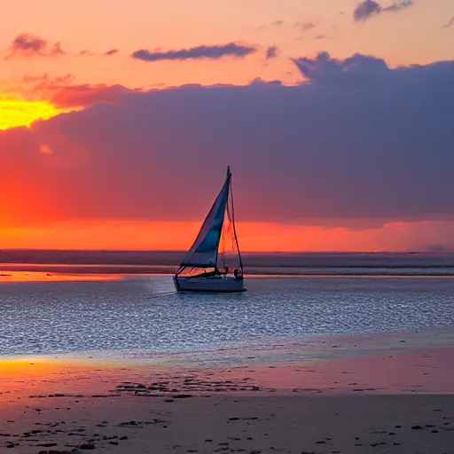 Image similar to sailboat stuck on sandbar at low tide, sunset, ewoks helping to push it free