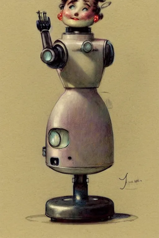 Prompt: (((((1950s robot waitress. muted colors.))))) by Jean-Baptiste Monge !!!!!!!!!!!!!!!!!!!!!!!!!!!