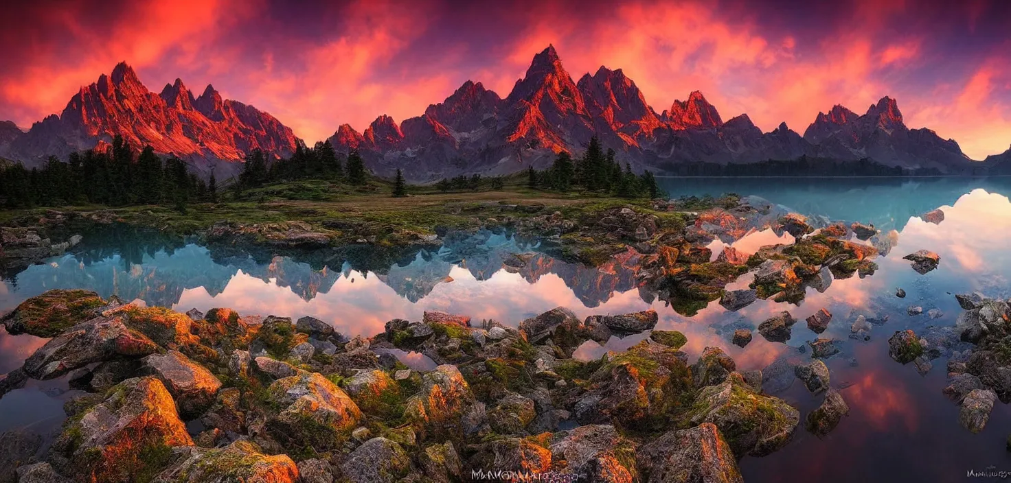 Image similar to amazing landscape photo of mountains with lake in sunset by marc adamus, beautiful dramatic lighting