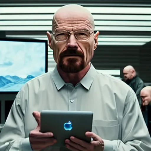 Image similar to walter white presenting the new macbook pro, photorealistic, highly detailed, sharp focus, 4 k, movie still