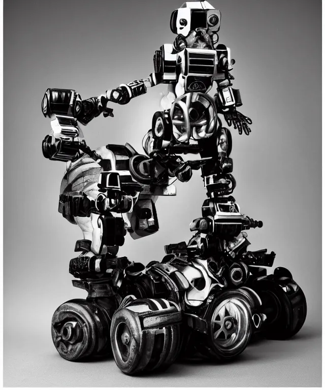 Image similar to a black and white photograph of a baby driving a steampunk mecha, tri-x, Studio lighting