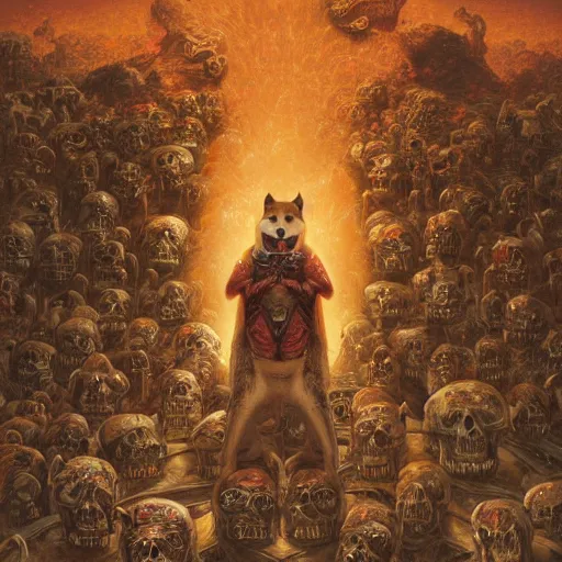 Image similar to anthropomorphic shiba inu, wearing gold armor, standing on pile of skulls, graveyard of skulls, fantasy 3 d render, masterpiece, glowing red light aura, by donato giancola and greg rutkowski and wayne barlow and zdzisław beksinski, realistic face