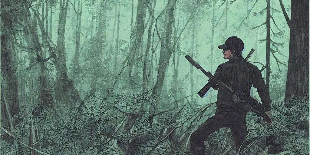 Image similar to a man with a baseball hat and a rifle in a lush dark deep forest, stephen king 1 9 8 0 s, japanese illustrator, post apocalyptic thriller