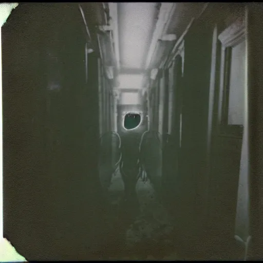 Prompt: a terrifying monster at the end of a hallway, dark!, creepy, nightmare fuel!!!, unsettling, uncanny valley!, old polaroid, expired film,