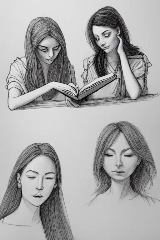 Image similar to portrait of two wise and very beautiful women reviewing some texts, drawn by a child, intricate, elegant, highly detailed, smooth, sharp focus, artstation