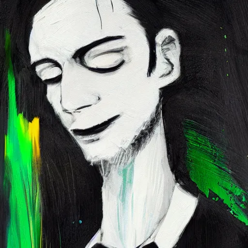 Image similar to closeup, very few thick long paint brush strokes, abstract depiction of the physique of one!!! very thin black suit man with green long straight hair posing dramatically, closeup, matte colors, conrad roset, dark abstract background, abstract painting trending on artstation