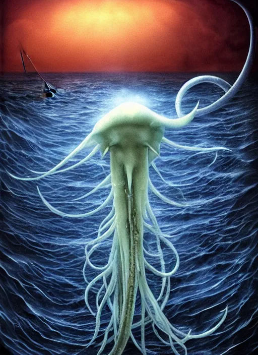 Image similar to bigfin squid, eldritch horror, monster, ominous underwater environment, dark souls, terrifying, epic surrealism