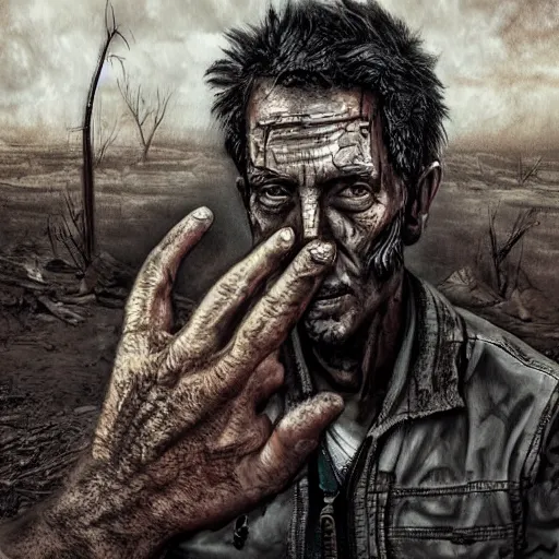 Image similar to the last selfie of mankind, post apocalyptic, digital art, highly detailed, photo realistic