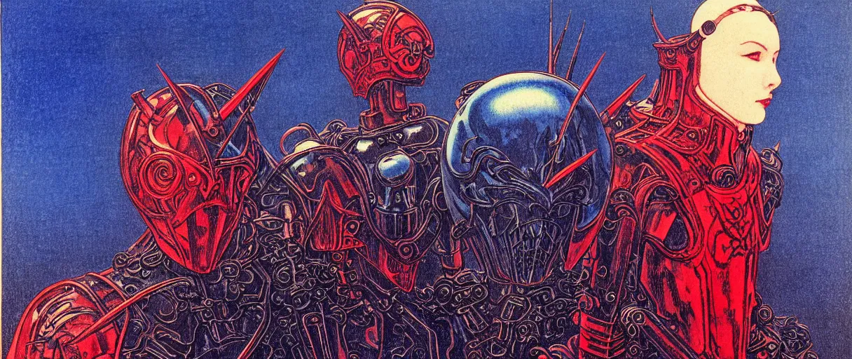 Prompt: composition of gothic and futuristic young mainem, warhammer, cyber japan armor, more and more scars, thunderstorm, blue head, red, the middle ages, highly detailed, artstation, in the style of moebius, jugendstil and classic japanese print, art by jean delville and rene magritte