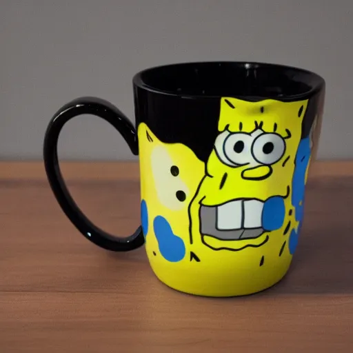 Prompt: a photograph of a mug with spongebob square pants