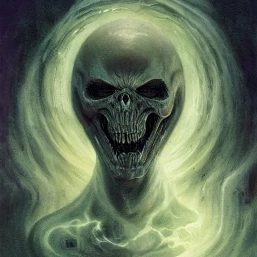 Prompt: head and shoulders portrait of a ghostly spectral wraith, d & d, fantasy, greg rutkowski, frank frazetta, alexandre chaudret, boris vallejo, michael whelan, miro petrov, hr giger, magali villeneuve, donato giancola