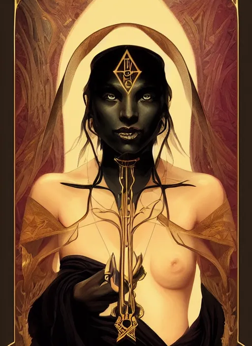 Image similar to tarot!!, high priestess, no noise, elegant, concept art, sharp focus, beautiful face!!, digital art, smooth defined outlines!!, human anatomy, human structure, vector background, dark fantasy, by Brom, trending on Artstation, Tom Bagshaw, Sargent