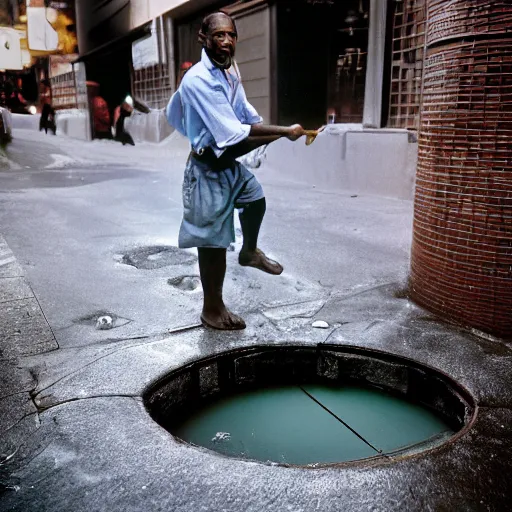 Prompt: close up portrait of a man pulling up a large fish from a manhole in a new york street, photograph, natural light, sharp, detailed face, magazine, press, photo, steve mccurry, david lazar, canon, nikon, focus