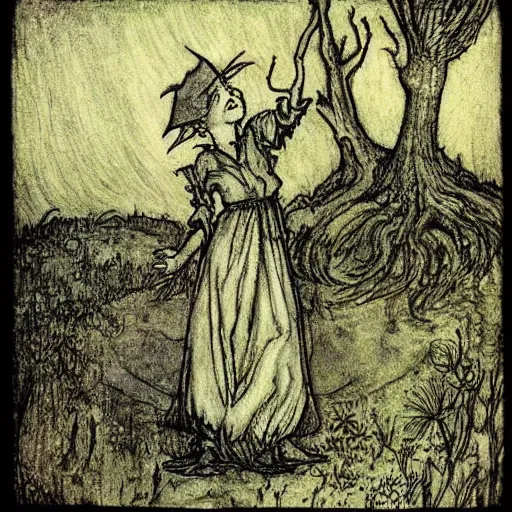 Prompt: “an Arthur Rackham illustration of Tingle dancing on a grave”