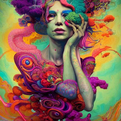 Prompt: woman having a beautiful psychedelic psychotic mental breakdown, mental pandemonium, intense colours, vibrant and vivid color, digital art, hyper detailed, opulent and exquisite, intricately detailed, bizarre, surrealism, peter mohrbacher, marc simonetti, jean giraud, victo ngai, rene magritte, 4 k, 8 k