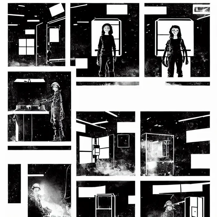 Image similar to sadie sink as a miner inside a minimalist old - fashioned automated kiosk with options to choose from. storyboard - style drawing scifi cyberpunk. by gabriel hardman, joe alves, chris bonura. cinematic atmosphere, detailed and intricate, perfect anatomy