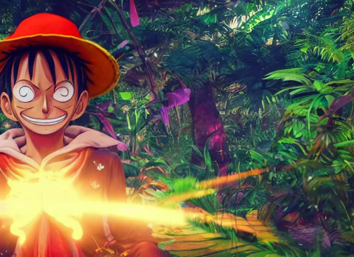 Image similar to a cg render of a colorful luffy in a noir galactic jungle, 8 k, unreal engine, detailed, hyperrealistic, octane