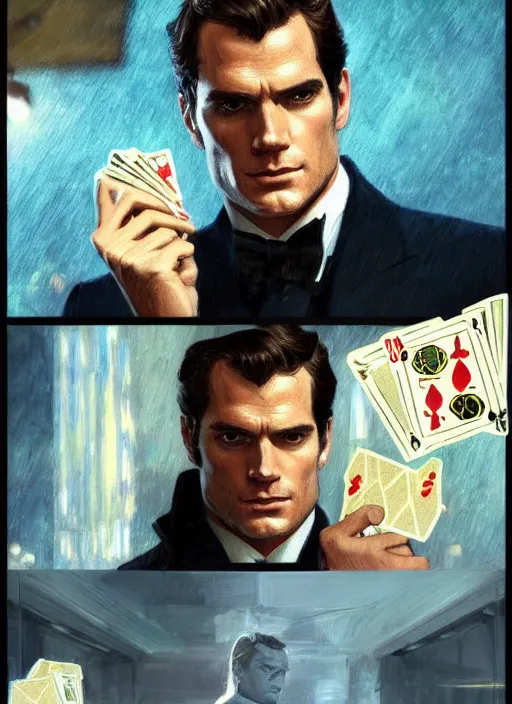 Prompt: portrait of henry cavill as james bond, casino, poker cards, highly detailed, digital painting, artstation, concept art, cinematic lighting, sharp focus, illustration, by gaston bussiere alphonse mucha