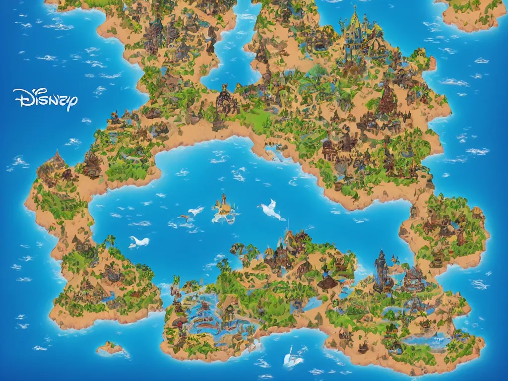 Image similar to an isometric disney fantasy map of a continent bordered by ocean