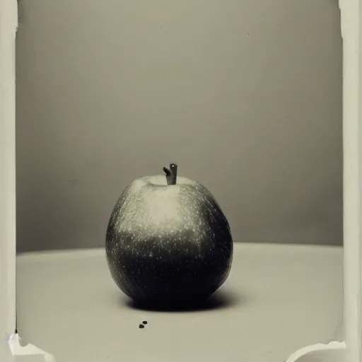 Prompt: A collodion-styled photograph of a surrealist scene of an apple in a room with some strange objects scattered around, shallow depth of field, wide-angle lens