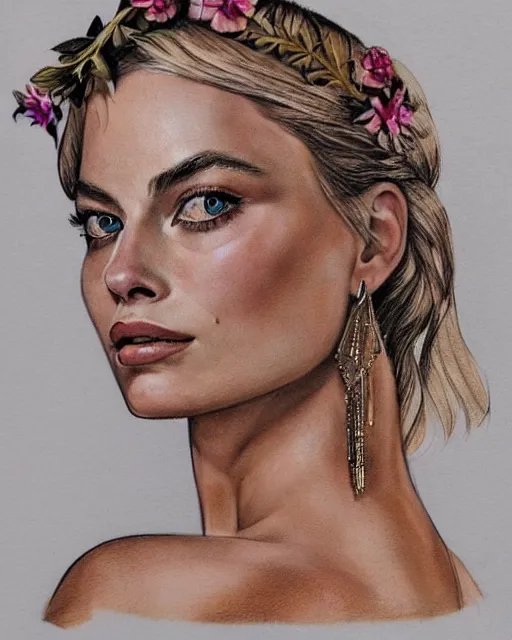 Prompt: realism tattoo sketch of margot robbie as a beautiful greek goddess aphrodite with piercing eyes wearing a laurel wreath and triangle earrings, in the style of greg rutkowski, amazing detail