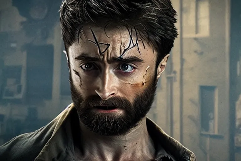 Image similar to Daniel Radcliffe as Wolverine in 'Logan 2' (2023), movie still frame, promotional image, imax 70 mm footage, oscar nominated cinematography, volumetric lighting, 8k resolution