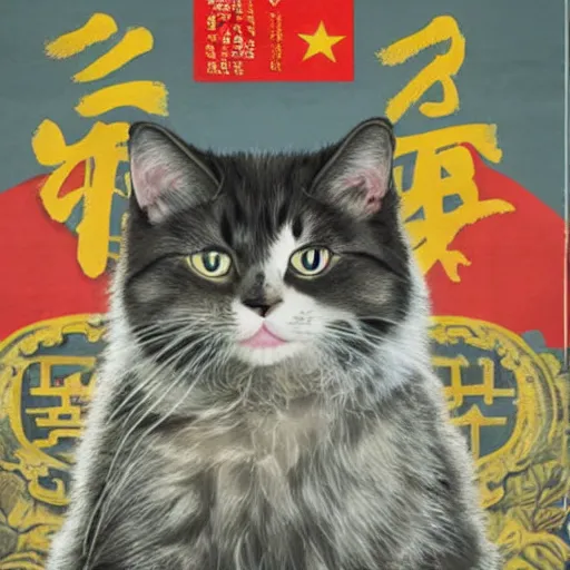 Prompt: picture of a cat on a chinese maoist propaganda poster