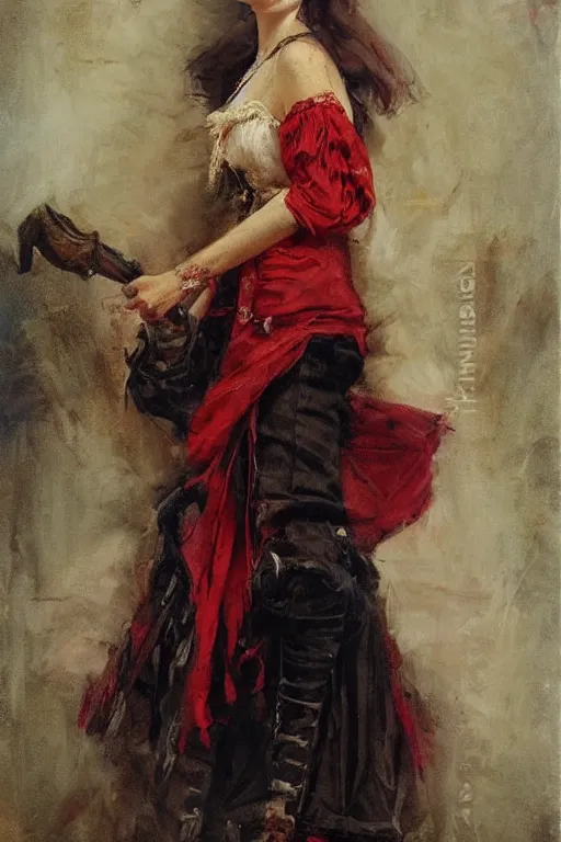 Image similar to Solomon Joseph Solomon and Richard Schmid and Jeremy Lipking victorian genre painting full length portrait painting of a young beautiful woman traditional german french pirate wench in fantasy costume, red background