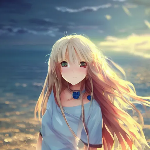 Image similar to a very beautiful anime girl, full body, long wavy blond hair, sky blue eyes, full round face, short smile, cute top, short jeans, summer lake setting, shy ,cinematic lightning, medium shot, mid-shot, highly detailed, trending on Artstation, Unreal Engine 4k, cinematic wallpaper by Stanley Artgerm Lau, WLOP, Rossdraws, James Jean, Andrei Riabovitchev, Marc Simonetti, and Sakimichan