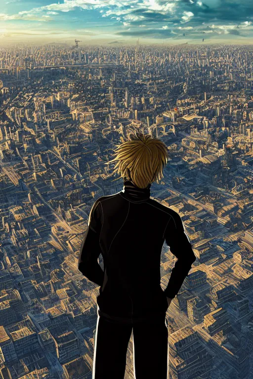 Image similar to Man in black adidas tracksuit looking atop of a urban plateau filled with soviet apartment buildings, golden hour, dreamy, beautiful clouds, ultra detailed, beautiful lighting, windy, 8k, wallpaper, cityscape, beautiful artwork by Makoto Shinkai