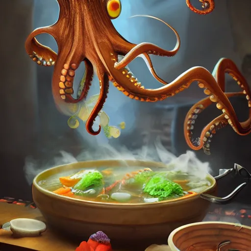 Image similar to a flying octopus cooking soup, stirring a pot with a ladle and cutting vegetables, fantasy illustration, trending on artstation, very realistic, 4k, unreal engine