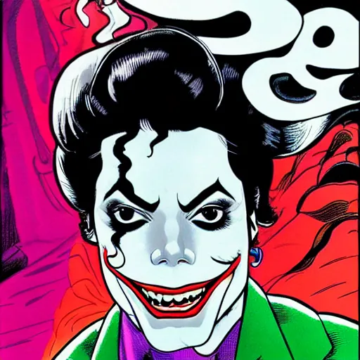 Prompt: dynamic macro head portrait of beautifu michael jackson as the joker in white sequined jacket by john romita sr and cory walker and ryan ottley and jack kirby and barry windsor - smith, comic, illustration, photo real