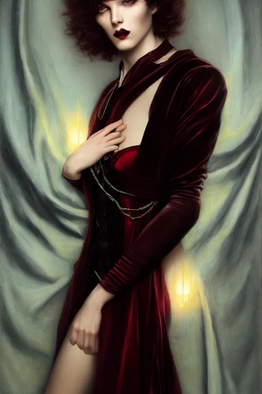 Image similar to a beautiful androgynous man, long thick dark hair, deep brown eyes, vampire, dressed in velvet, wearing a ruby pendant, illustration, dramatic lighting, soft details, painting oil on canvas, art nouveau, octane render, HDR, 4k, 8k, HD, by Edmund Blair Leighton, Brom, Charlie Bowater, faces by otto schmidt