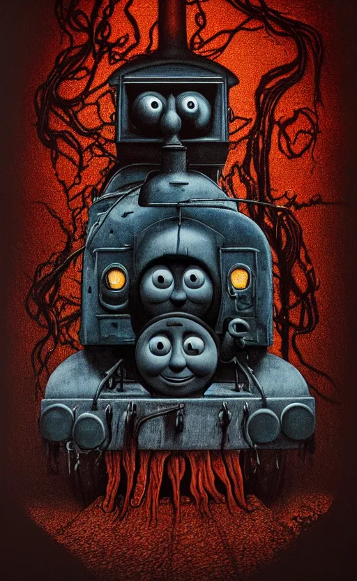 Image similar to thomas the tank engine in style of zdzisław beksinski, extremely dramatic lighting, 8 k, tendrils, black, darkness, black slime tendrils, infected, rust, body horror, thomas the train, thomas the tank engine face, horror,