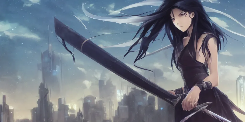 Prompt: girl with long black hair and a long black sword in front of a sci fi cityscape, ryohei fuke, makoto shinkai, detailed, cinematic, ultra - wide angle, dark sepia toned shading, luminescent eyes, blue fire.